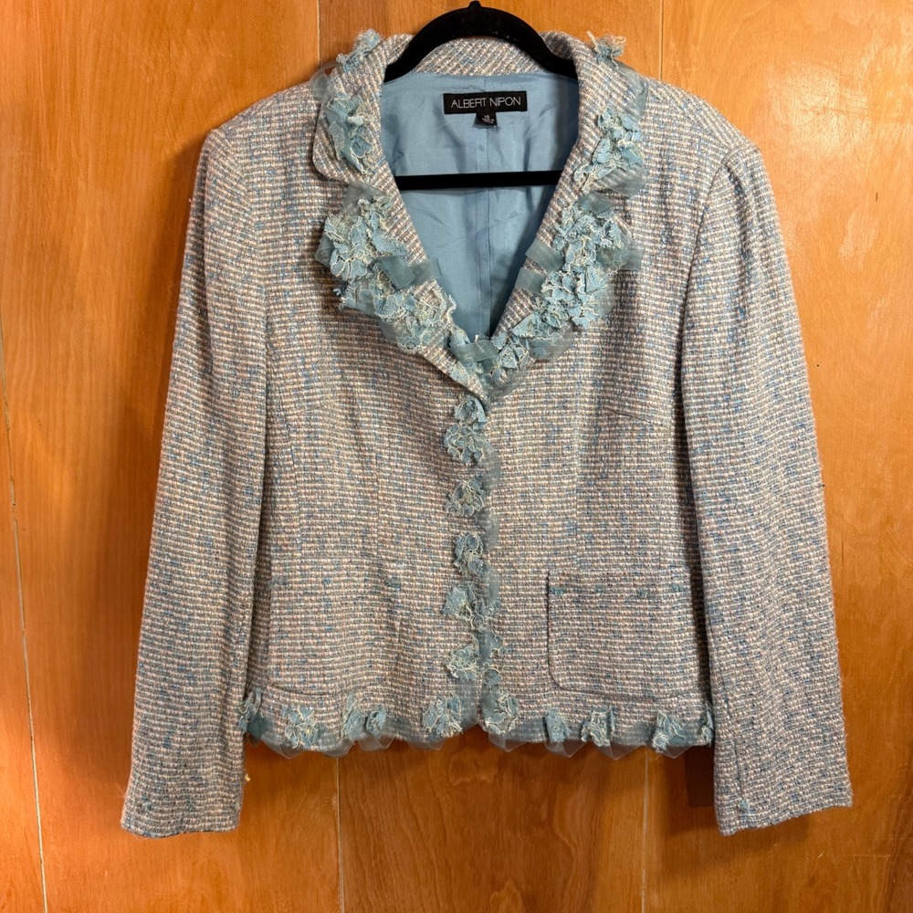 Albert Nipon Blue Tweed Lace Trim Blazer Jacket Womens 16 Floral Ribbon